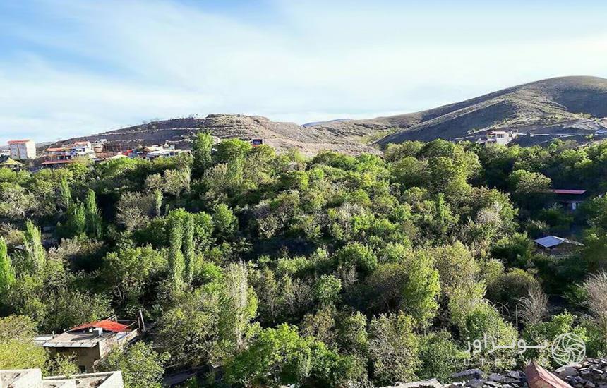 روستای «ابرده» در مشهد؛ ارتفاعات پوشیده از درخت و تک‌وتوک خانه دربین آن‌ها. 